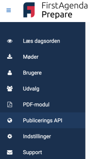 Venstremenuen i Prepare med fokus på PubliceringsAPI