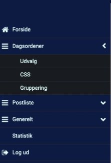 Venstremenu i Publication med dropdownliste under menupunktet Dagsordener