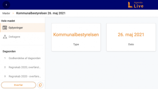 Oplysninger i venstre menu under møder