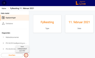PDF-knapp for nedlasting av protokollen nederst i venstre kolonne