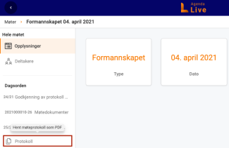 Protokollknapp for nedlasting av protokollen i nedre venstre kolonne