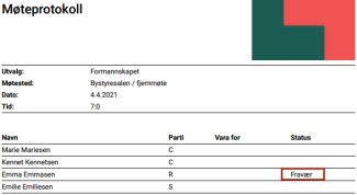 Oversikt over fravær i protokoll