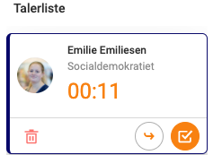 Oransje "hake"-knapp for å stoppe talerens taletid
