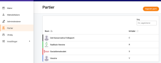 Oransje «opprett parti»-knapp øverst til høyre under «partier»-menyen