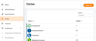 Oransje «opprett parti»-knapp øverst til høyre under «partier»-menyen