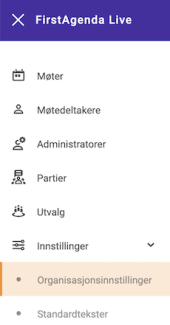 Organisasjonsinnstillinger under innstillinger i venstremenyen