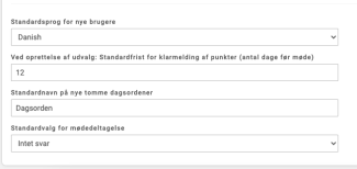 Ydeligere indstillinger til sprog, oprettelse af udvalg, standardnavn og standardvalg