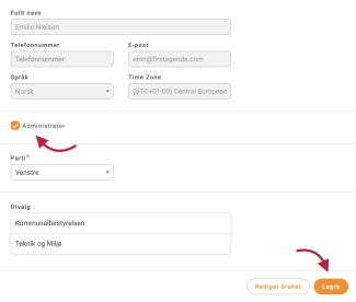 Merk av i boksen ved siden av 'Administrator'